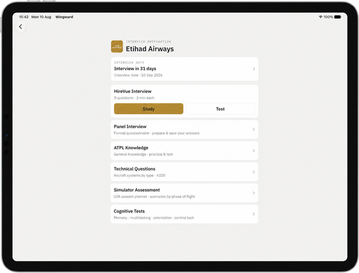 iPad interview preparation menu