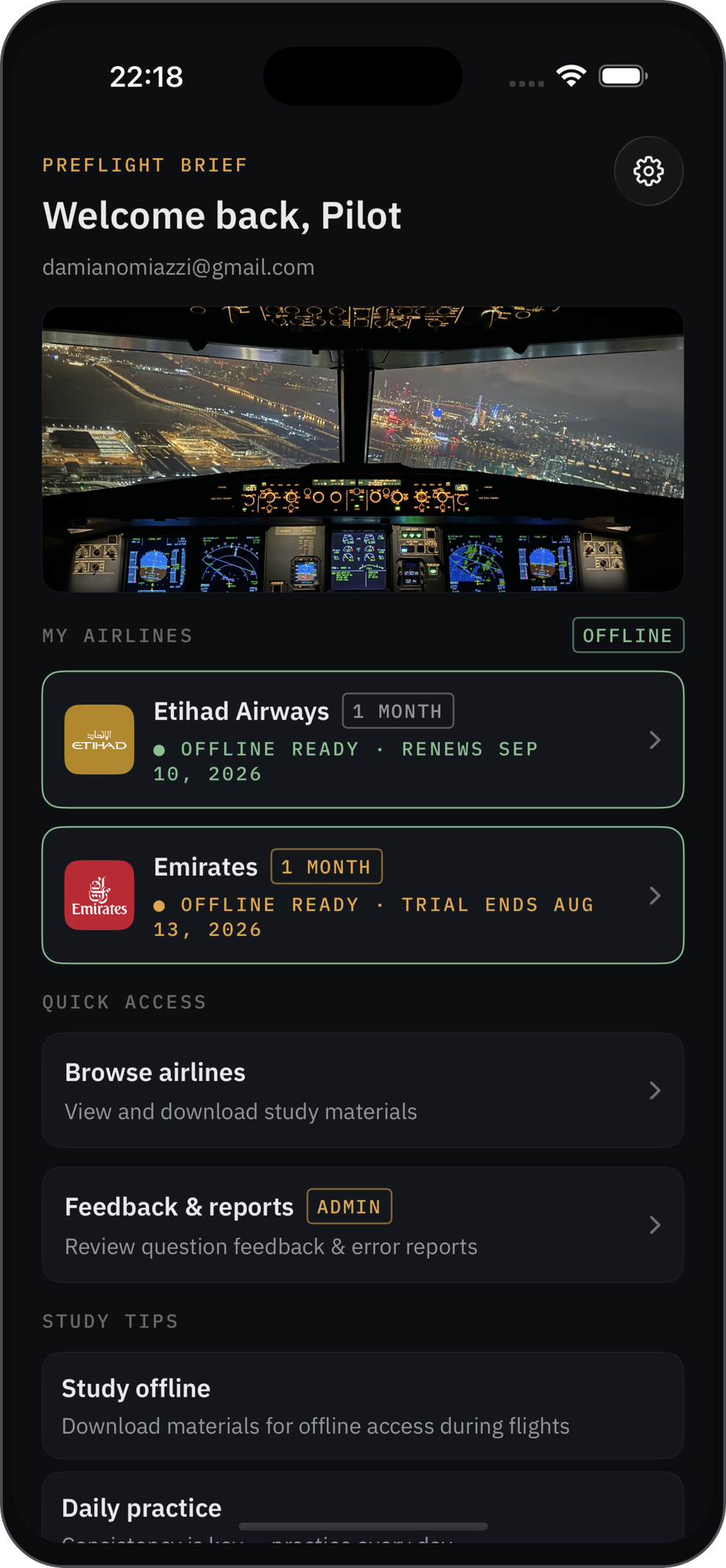 Wingward app home screen on iPhone